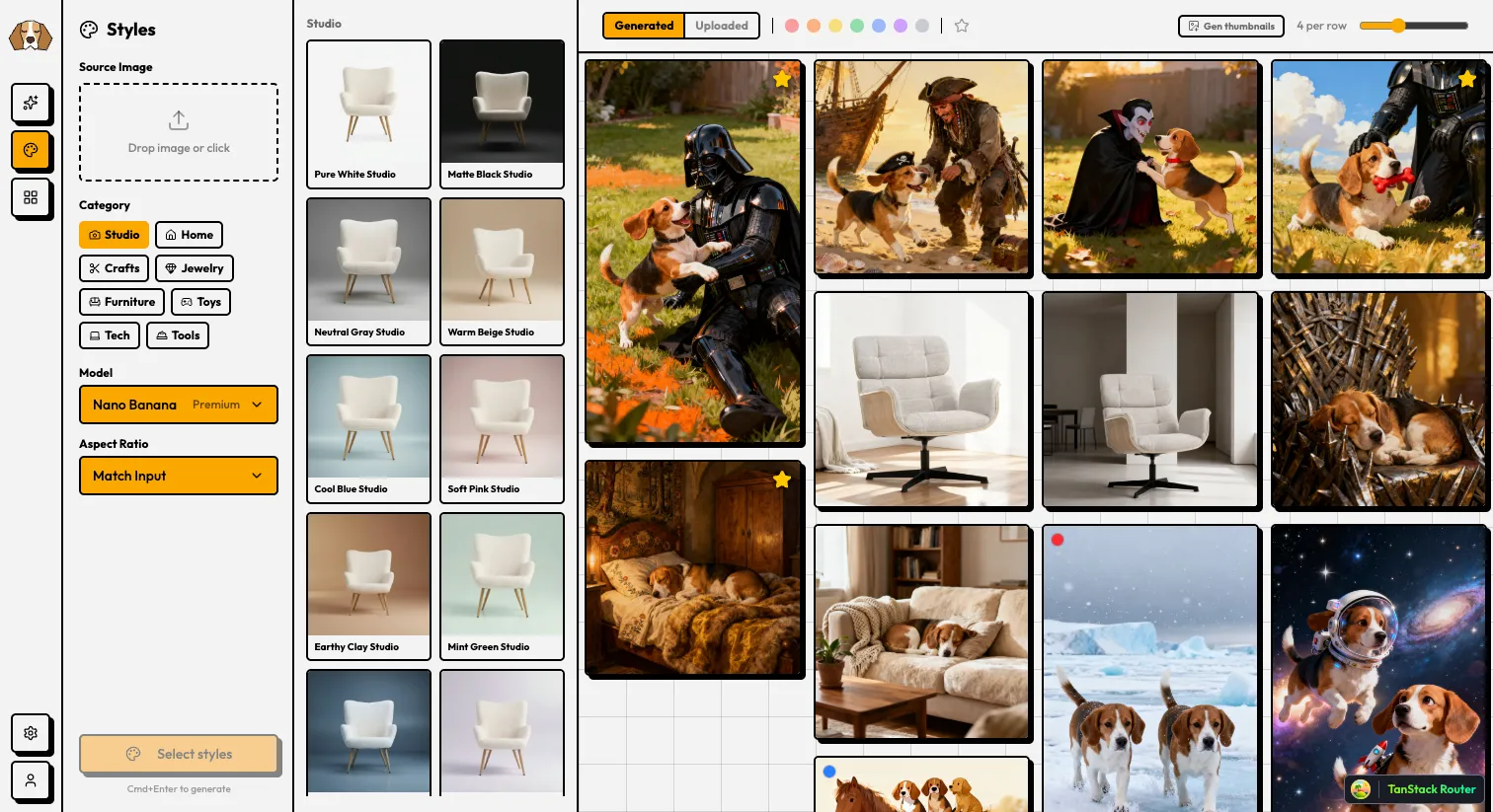 Sleeping Beagle dashboard showing AI-generated product photos in a gallery view